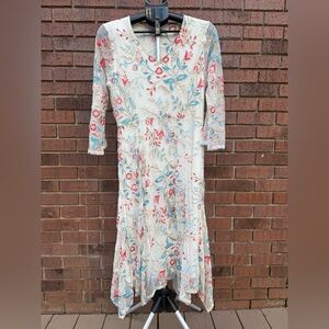 Reba McEntire Floral Embroidered Dress Cream Coral Blue Womens Size Large Maxi